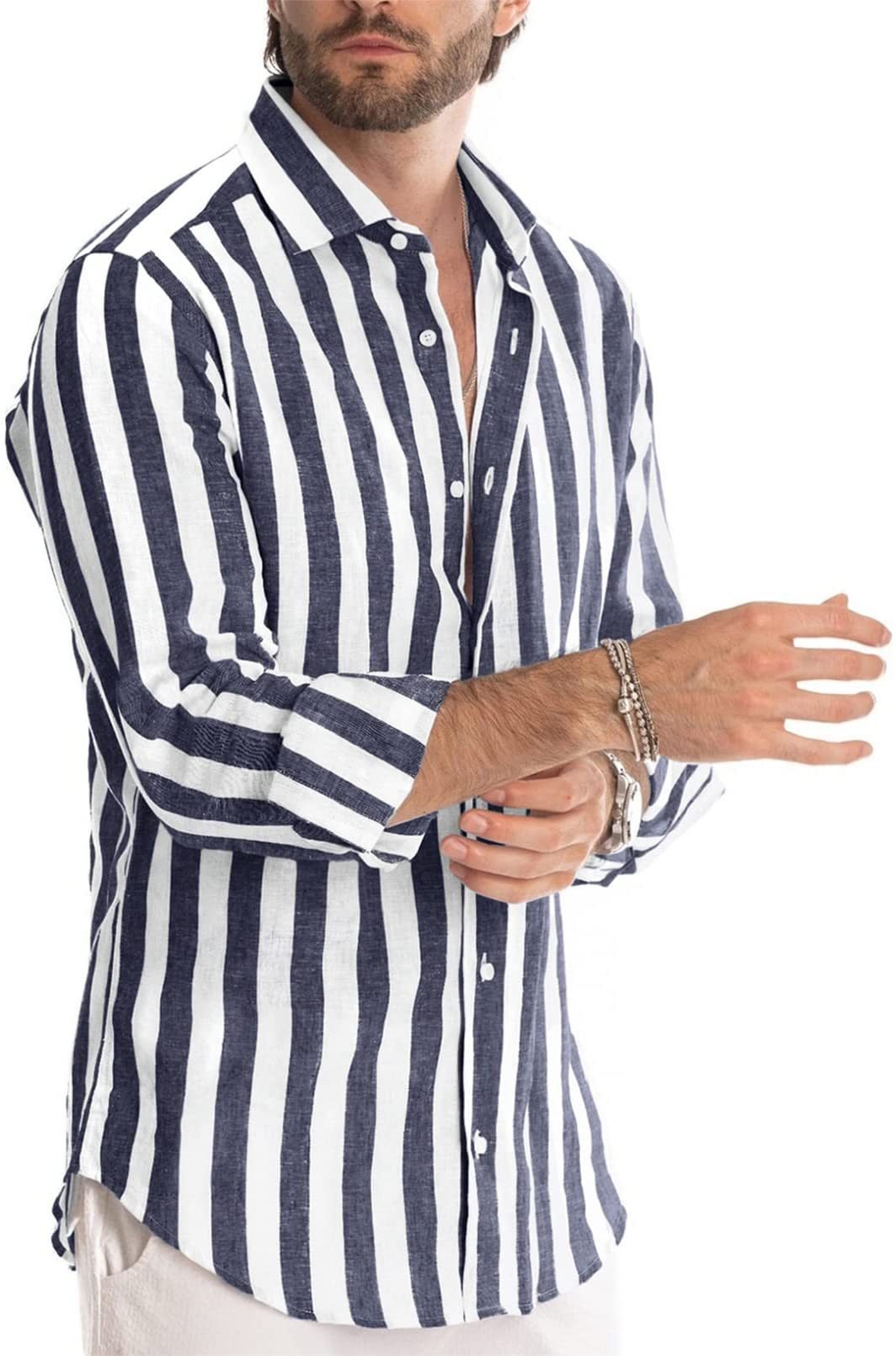 Spring summer men's polyester striped button shirt