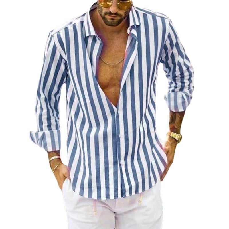 Spring summer men's polyester striped button shirt