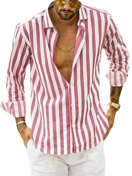 Spring summer men's polyester striped button shirt