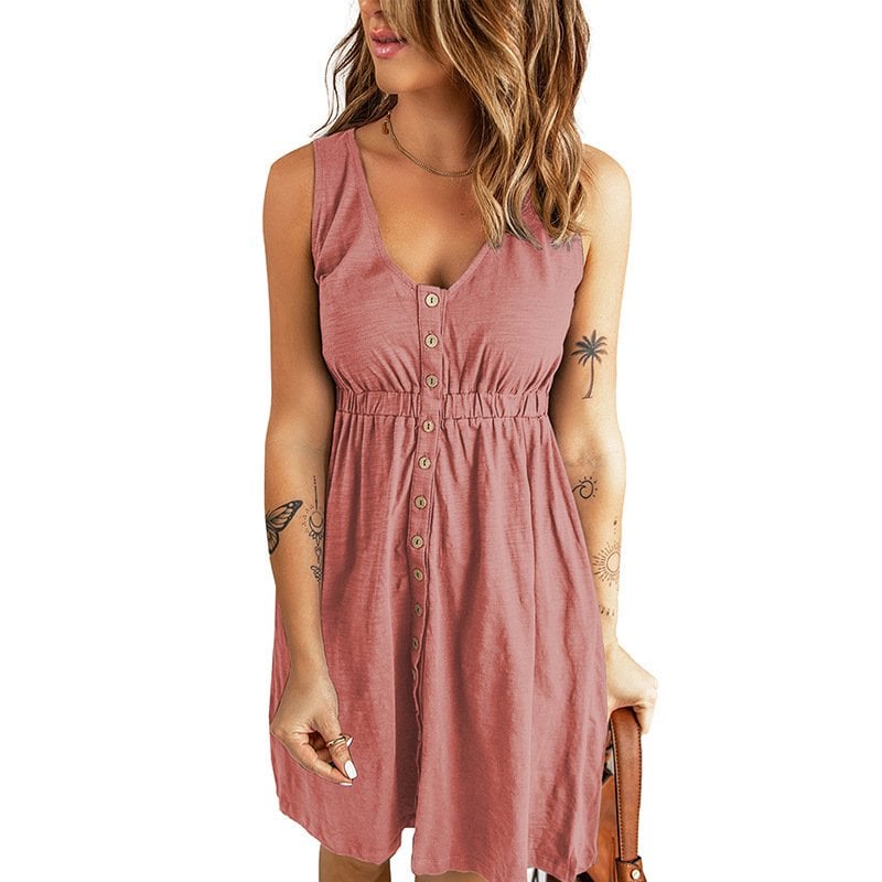 Buttons Sleeveless High Waist Mini Dress