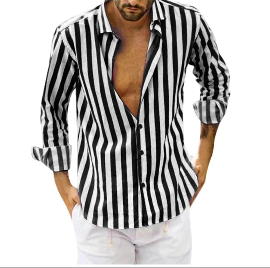Spring summer men's polyester striped button shirt