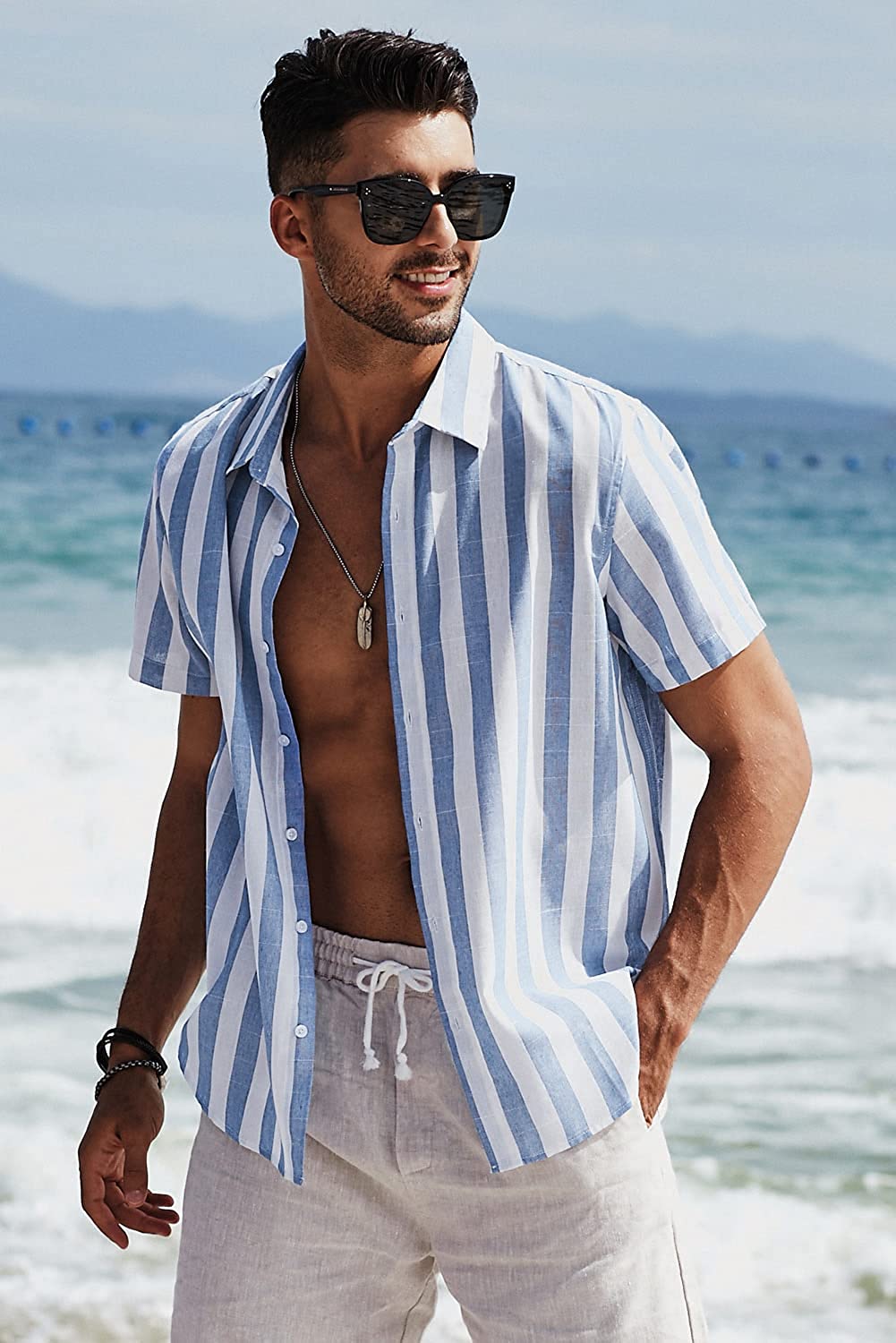 Spring summer men's polyester striped button shirt
