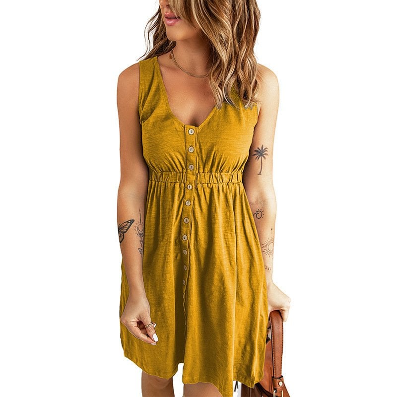 Buttons Sleeveless High Waist Mini Dress