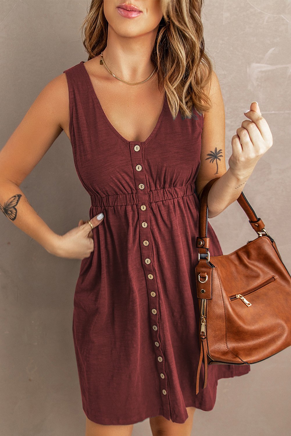 Buttons Sleeveless High Waist Mini Dress