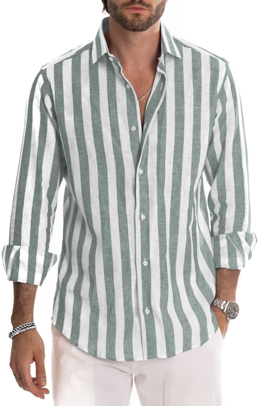 Spring summer men's polyester striped button shirt