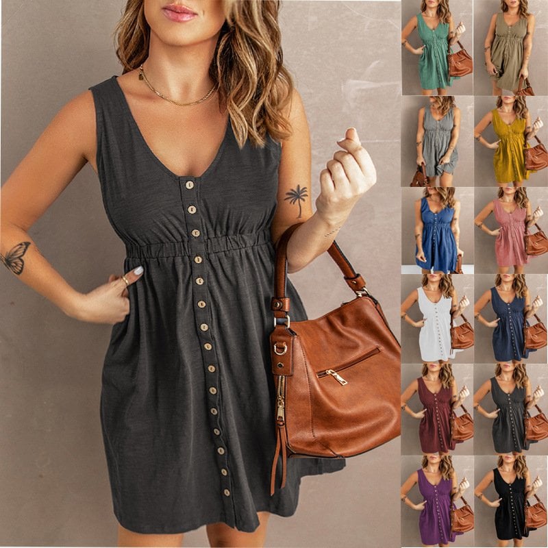 Buttons Sleeveless High Waist Mini Dress