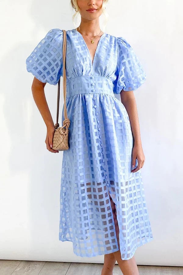 🔥Time-limited promotion 47% OFF🔥 Beauty Square Patterned Fabric Puff Sleeve Midi Dress