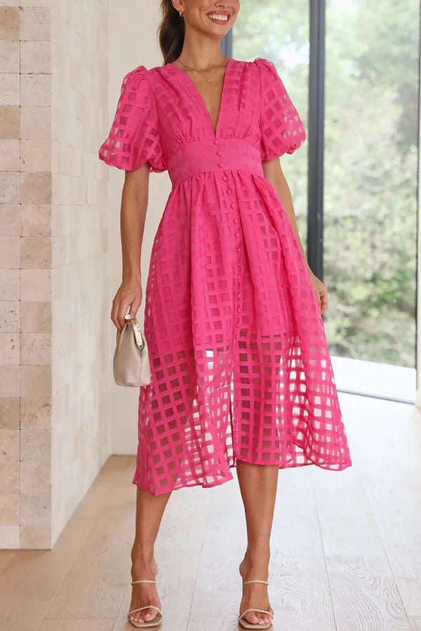 🔥Time-limited promotion 47% OFF🔥 Beauty Square Patterned Fabric Puff Sleeve Midi Dress