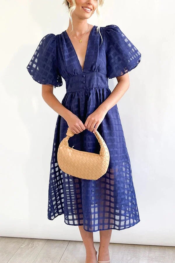🔥Time-limited promotion 47% OFF🔥 Beauty Square Patterned Fabric Puff Sleeve Midi Dress