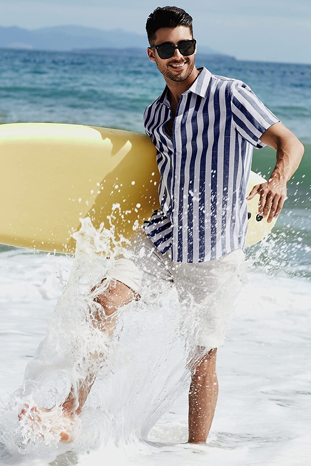 Spring summer men's polyester striped button shirt