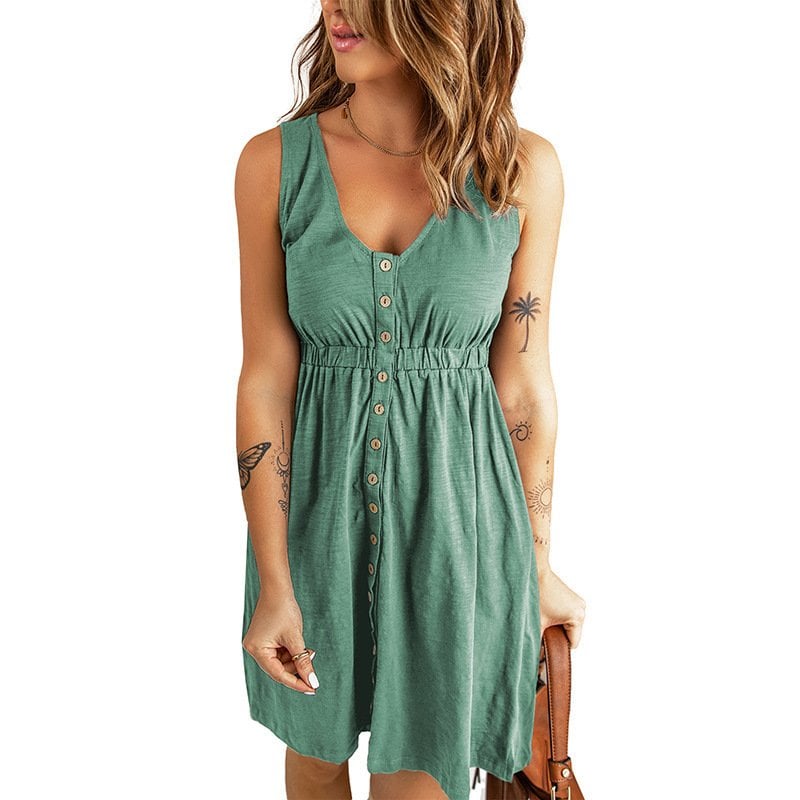 Buttons Sleeveless High Waist Mini Dress