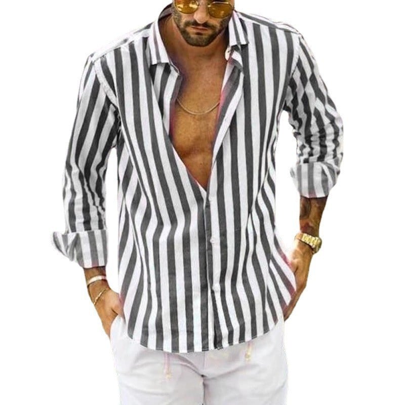 Spring summer men's polyester striped button shirt