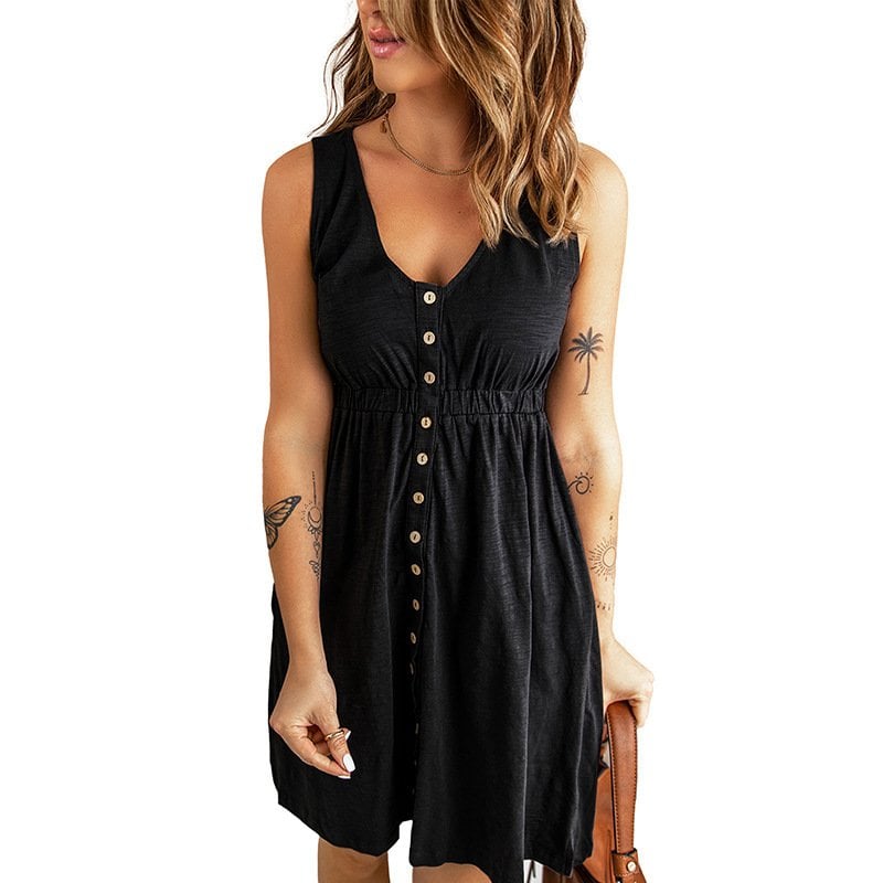 Buttons Sleeveless High Waist Mini Dress