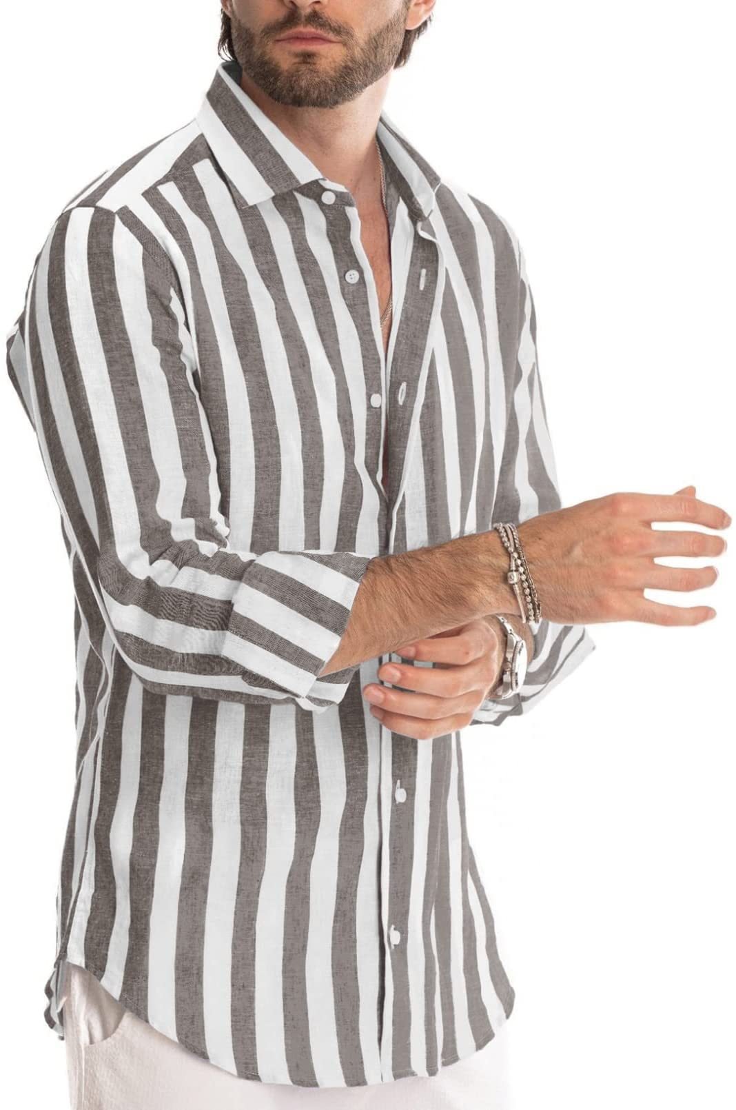 Spring summer men's polyester striped button shirt