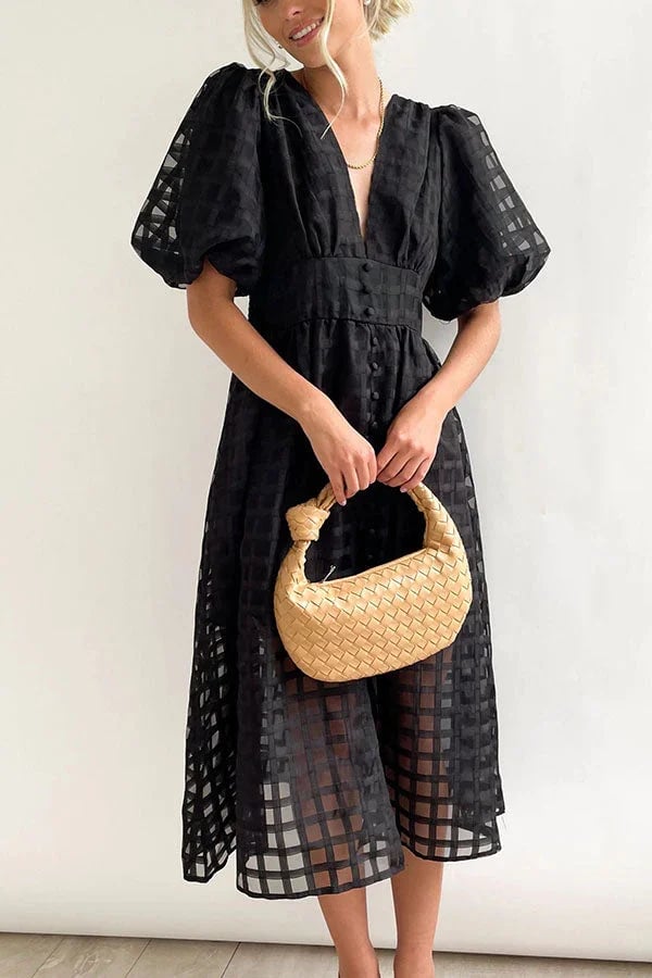 🔥Time-limited promotion 47% OFF🔥 Beauty Square Patterned Fabric Puff Sleeve Midi Dress