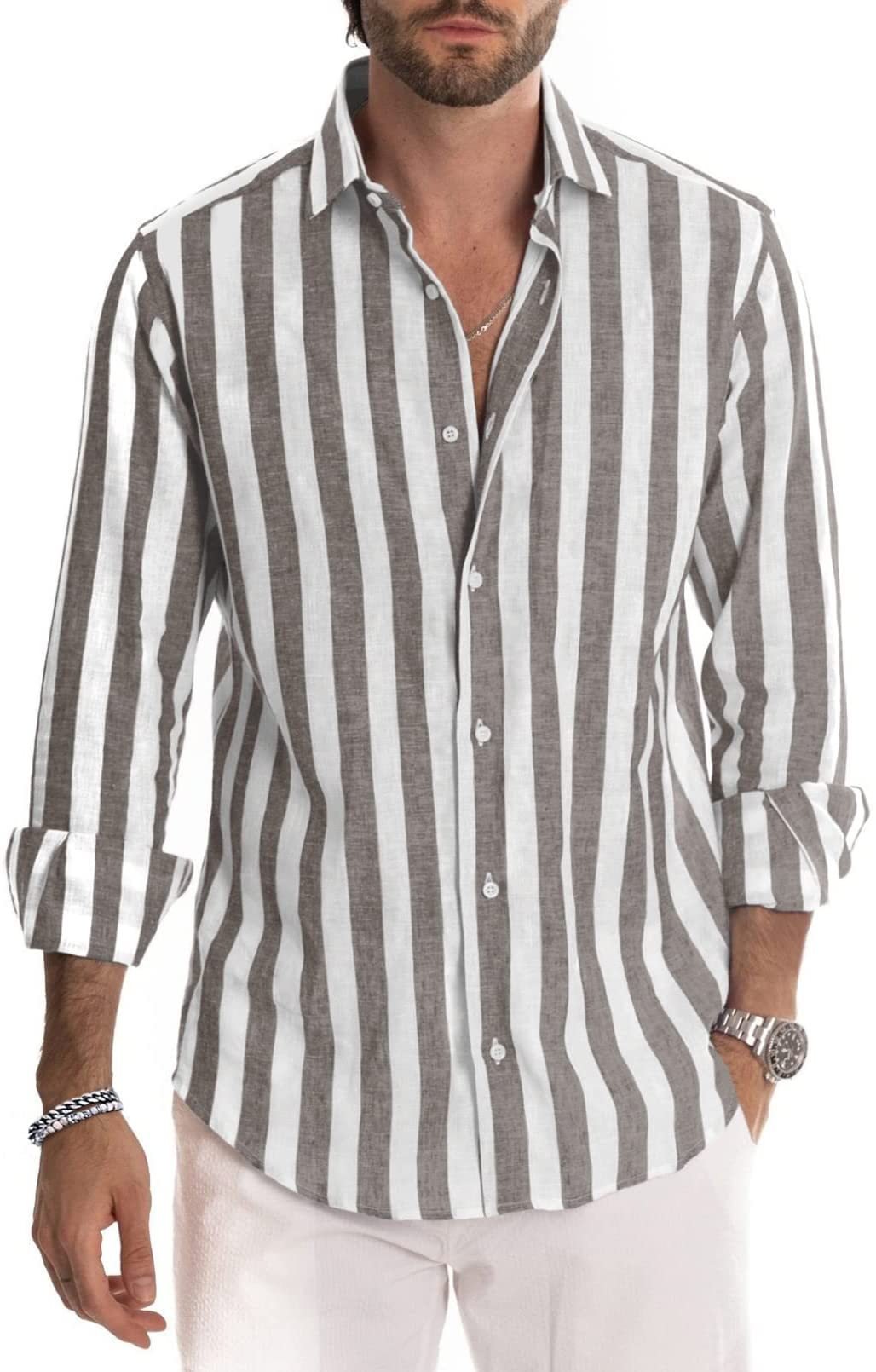 Spring summer men's polyester striped button shirt