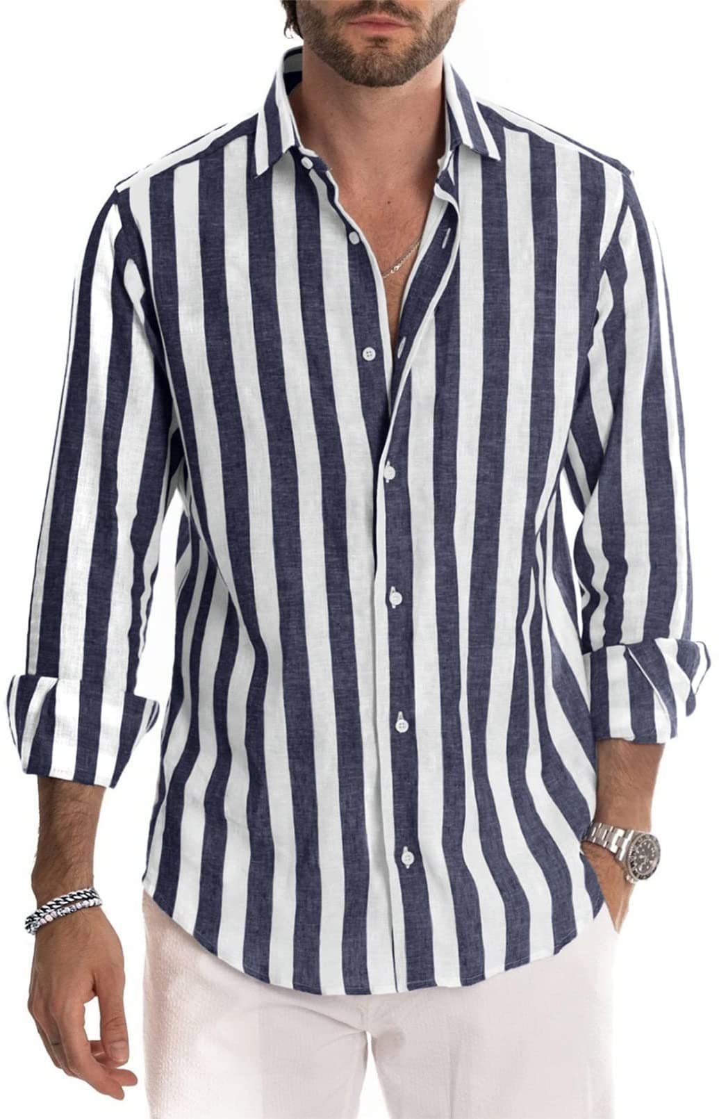 Spring summer men's polyester striped button shirt